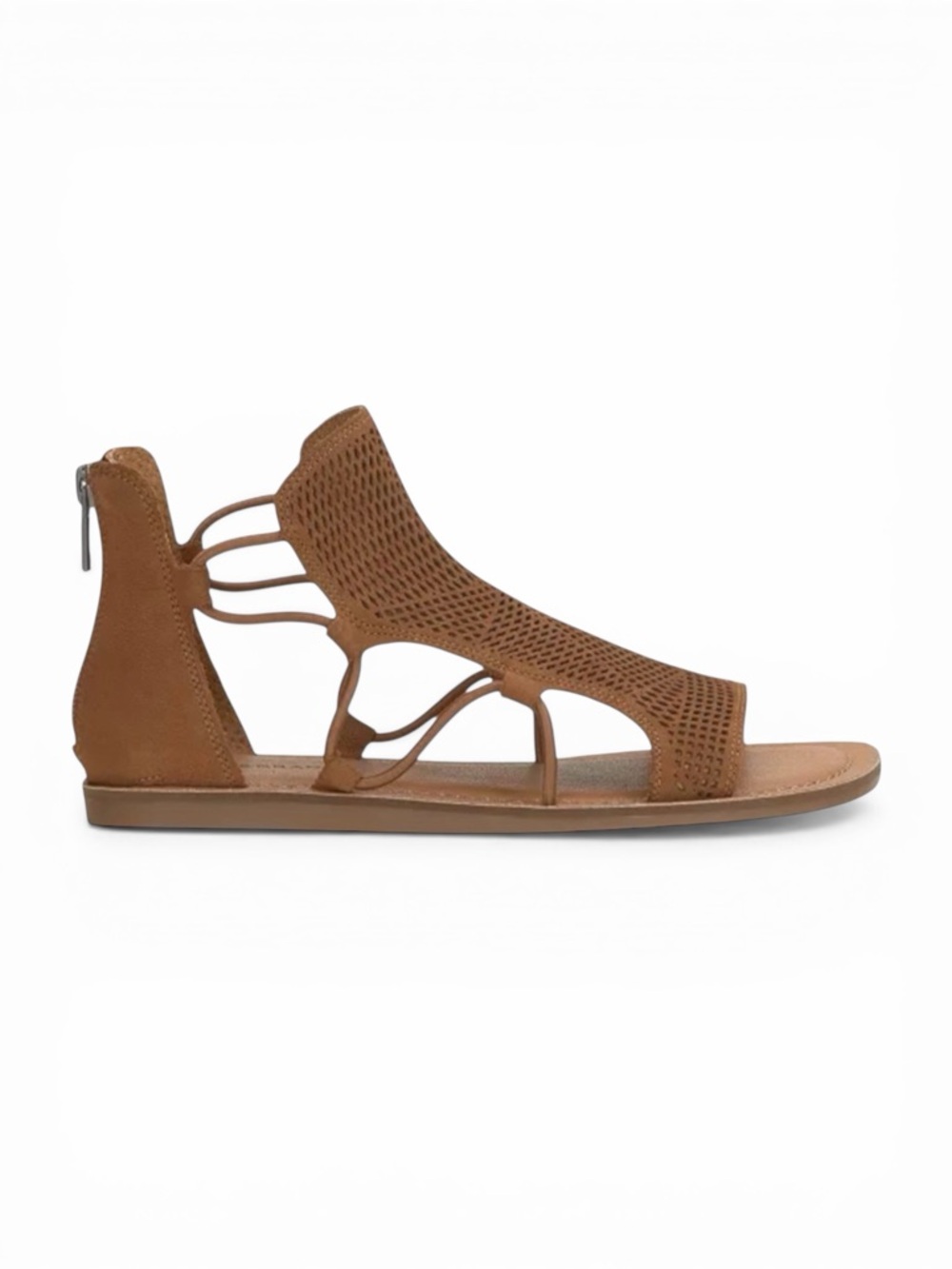 Lucky Brand Bartega Gladiator Flat Sandals Suede Perforated Back Zip Brown 6 NEW - Picture 2 of 13